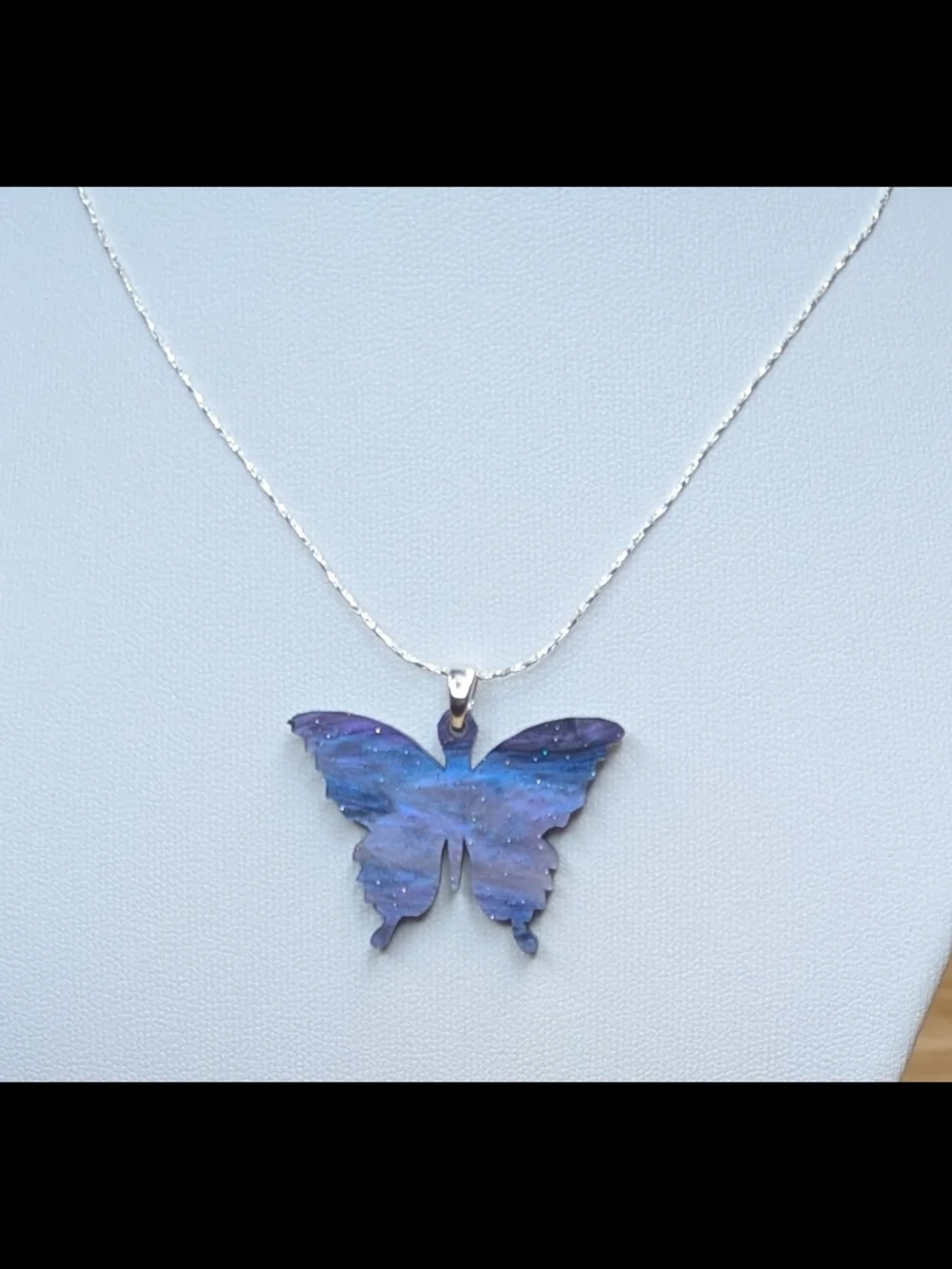 Blue Lavender Butterfly Necklace Reversible Pendant Silver Chain 16.5” + 2 